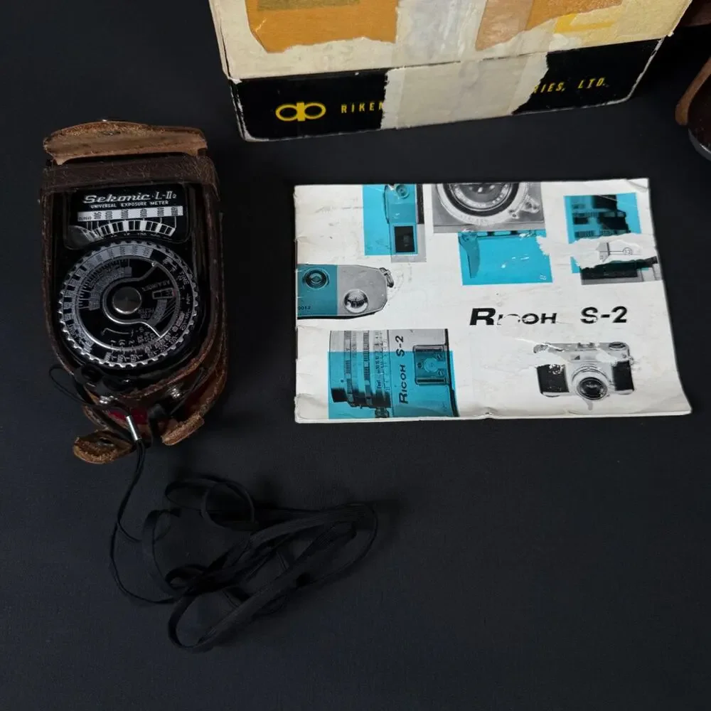Ricoh S-2 Film Camera Body w/ 45mm f/2.8 Lens W Leather Case, box, Sekonic L-2